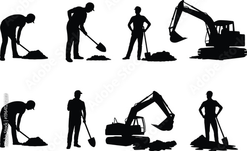 Construction worker and excavator silhouettes set with digging shovel heavy equipment labor black figures vector illustration collection isolated