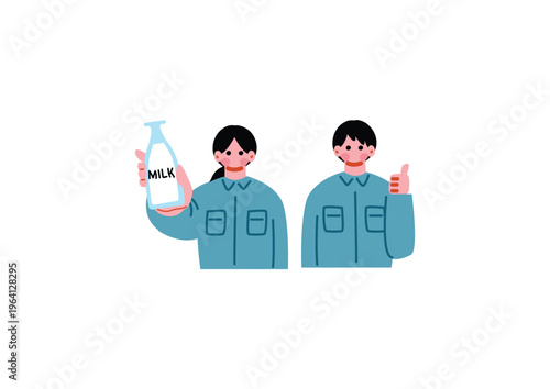 酪農で牛乳を作る男女のイラスト