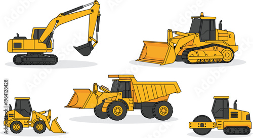 Construction machinery vector set with excavator bulldozer loader dump truck roller heavy equipment vehicles flat design illustration collection