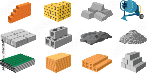 Construction materials isometric set with bricks blocks cement gravel sand concrete mixer vector illustration building supplies collection industry assets