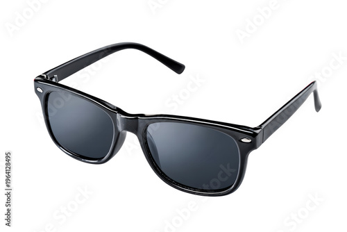 A pair of sunglasses with a black frame and a black lens. The sunglasses are black and have a gray tint, png