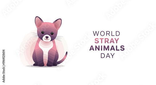 Illustration of a cute ferret in a pink vest for World Stray Animals Day awareness campaign with a simple design on a white background.