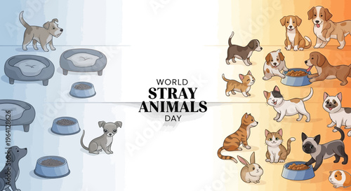 Illustration design for World Stray Animals Day featuring dogs and cats with food bowls on a split background, promoting animal welfare and rescue awareness with a warm and protective mood.