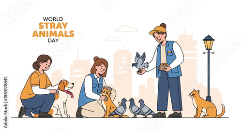 Illustration of people caring for stray animals in a city setting on World Stray Animals Day with a protective and awareness theme.