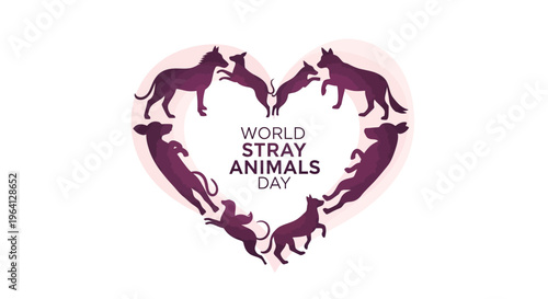 Vector illustration of a heart-shaped design featuring silhouettes of stray animals for World Stray Animals Day awareness campaign with a pink background.