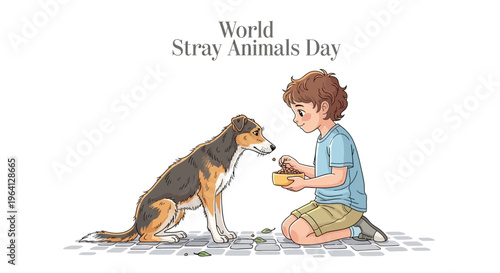 Illustration of a young boy kneeling and feeding a hungry dog on World Stray Animals Day with a simple background.