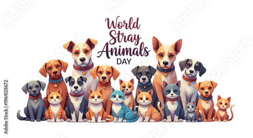 Illustration of a group of dogs and cats for World Stray Animals Day design with a white background and awareness theme.
