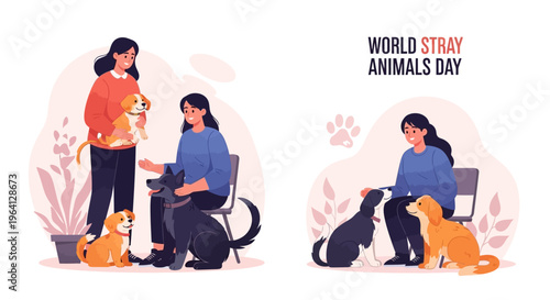Illustration of people interacting with stray animals on World Stray Animals Day, promoting awareness and protection with a compassionate and informative design.