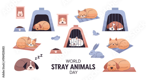 Illustrations of cats and dogs sleeping in shelters for World Stray Animals Day awareness campaign with a flat design style on a white background.