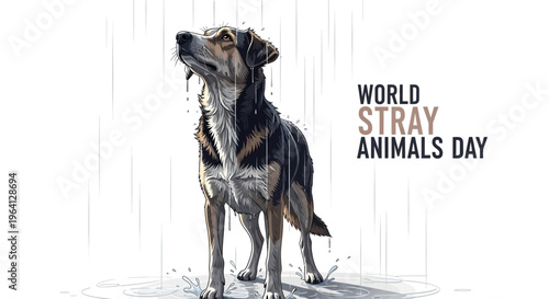 Illustration of a dog on World Stray Animals Day with a design concept for awareness and protection of homeless animals in a simple white background.