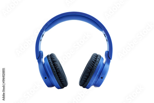 A pair of blue headphones with a black band. The headphones are sitting on a white background. The headphones are open and ready to be worn, png