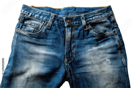 A pair of blue jeans with rips and frayed edges. The jeans are worn and have a worn-in look, png