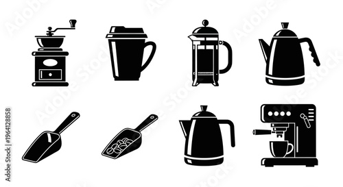 Coffee Making Equipment Icons Set: Grinder, Mug, French Press, Kettle, Scoop, Espresso Machine