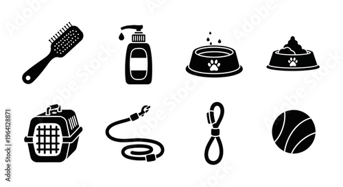 Pet Care Icons: Grooming, Feeding, Travel, and Play Essentials