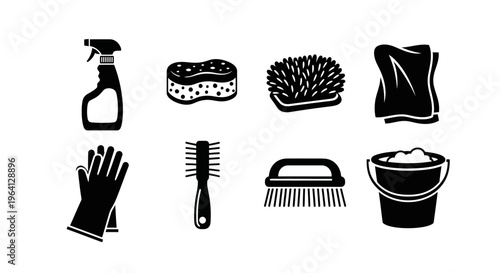 Cleaning Supplies Icons Set: Spray Bottle, Sponge, Brush, Gloves, Cloth, Bucket