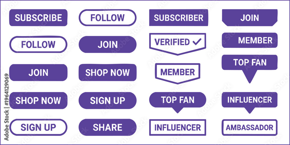 Fototapeta premium Purple social media UI buttons for subscribe, follow, and join vector illustrations.