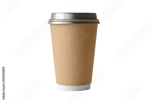 A coffee cup with a lid sits on a white background. The cup is made of paper and has a silver lid, png