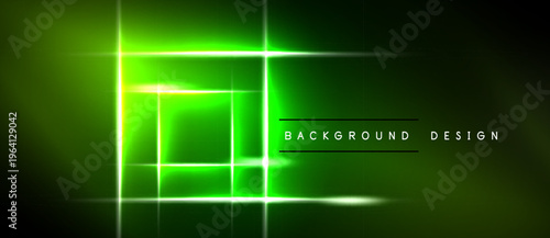 Neon green squares overlap dark background. Bright lines create futuristic, abstract visual effect. Minimalist design elements present.