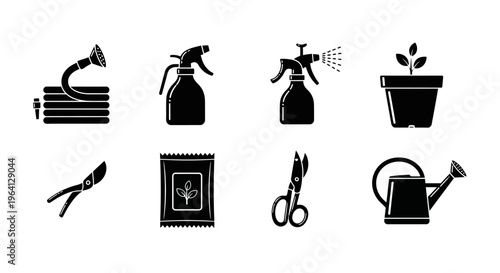 Gardening Tools Icons Set: Hose, Sprayers, Pot, Pruners, Seeds, Scissors, Watering Can