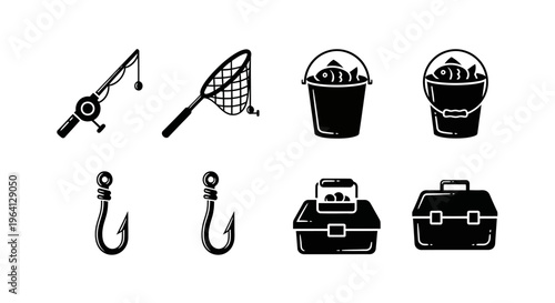 Fishing Gear Icons: Rod, Net, Tackle Box, Hooks, and Fish Buckets