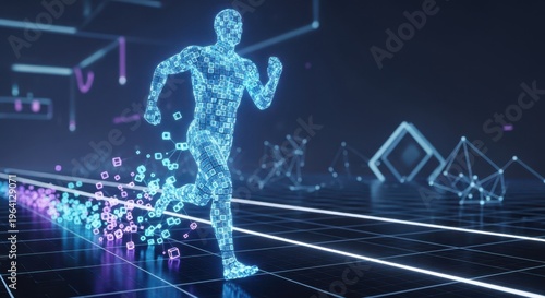 Man made of cubes runs along a digital road, leaving behind glowing trails