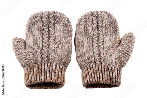 Two knit mittens with a brown and gray color. The mittens are knitted and have a cozy, warm feeling, png