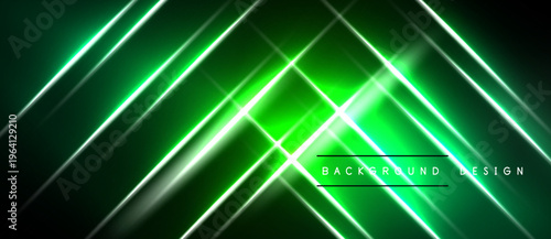 Abstract neon lines create dynamic green background. Diagonal beams intersect, forming futuristic design. Dark space emphasizes bright illumination.