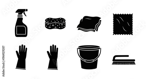 Cleaning Supplies Icons: Spray Bottle, Sponge, Cloth, Gloves, Bucket, Brush