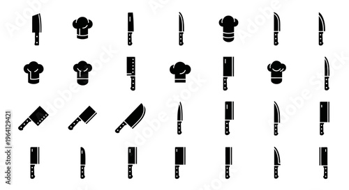 Collection of Kitchen Knives and Chef Hats Icons: Culinary Tools and Chef Symbols