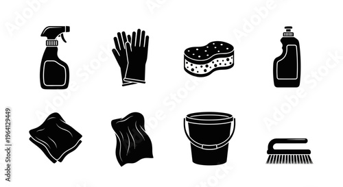 Cleaning Supplies Icons: Spray Bottle, Gloves, Sponge, Bucket, Cloths, Brush, Detergent