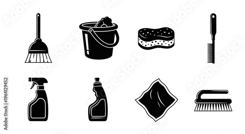 Cleaning Supplies Icons Set: Broom, Bucket, Sponge, Brush, Sprayer, Detergent, Cloth, Scrubber