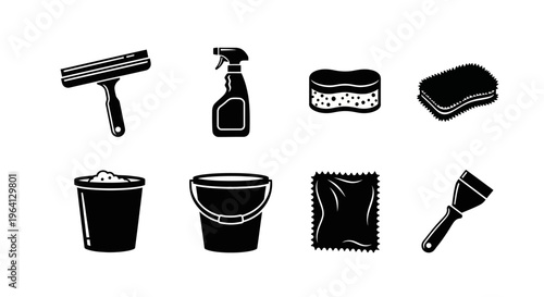 Cleaning Tools Icons Set: Squeegee, Spray Bottle, Sponges, Bucket, Scraper