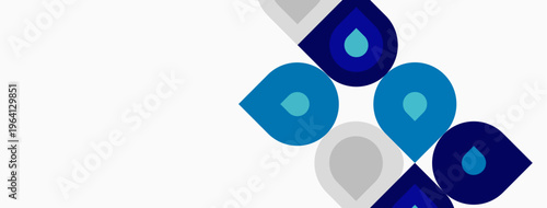 Abstract graphic features blue, gray droplet shapes. Minimalist design suggests water, purity, cleanliness, modern aesthetic. Simple composition.