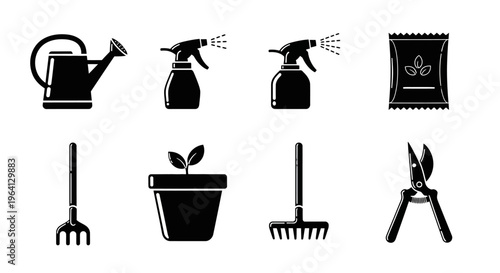 Gardening Tools and Supplies Icon Set: Watering Can, Sprayers, Seed Packet, Rake, Pot, Trowel