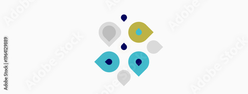 Abstract design features colorful droplet shapes scattered across white background. Minimalist, modern aesthetic. Simple composition.