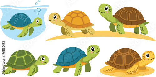 Cute cartoon turtle set with tortoises swimming and walking in pond and sand vector illustration