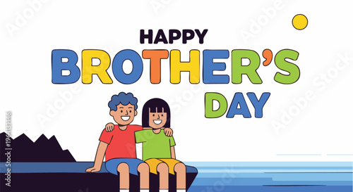 Cartoon siblings sitting on rock Happy Brothers Day colorful illustration for greeting card