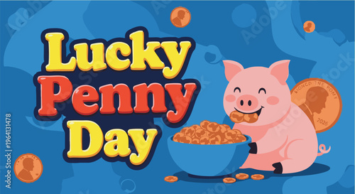 Happy cartoon pig eating cereal on Lucky Penny Day in colorful vibrant lighting for St. Patricks Day marketing