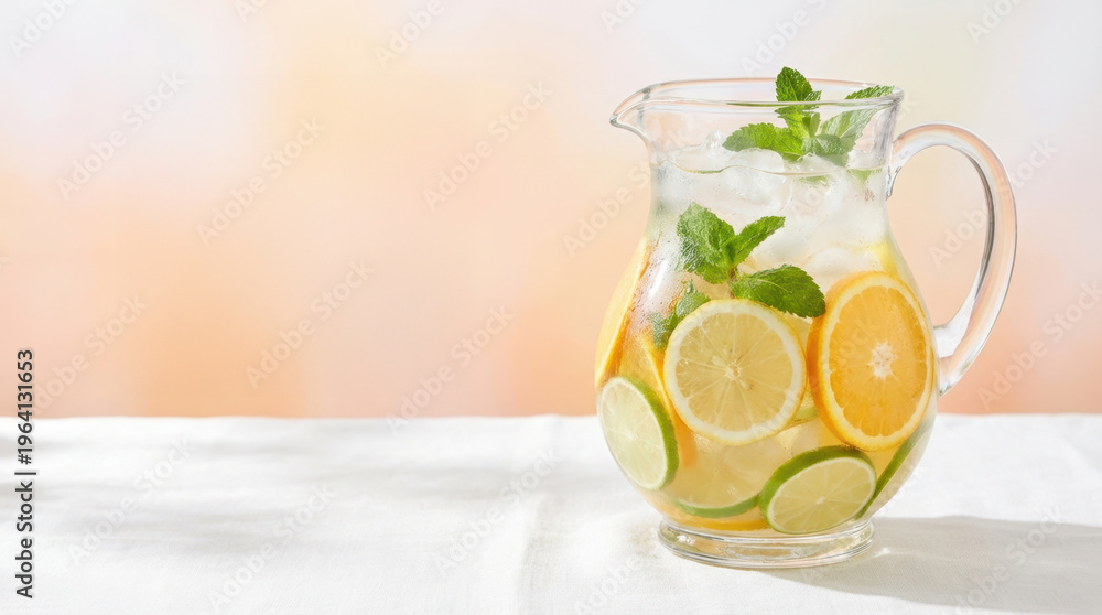 Fototapeta premium Refreshing citrus and mint infused water in a glass pitcher with ice