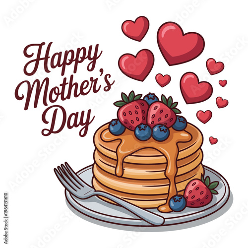 A stack of pancakes with strawberries and syrup on Mother's Day