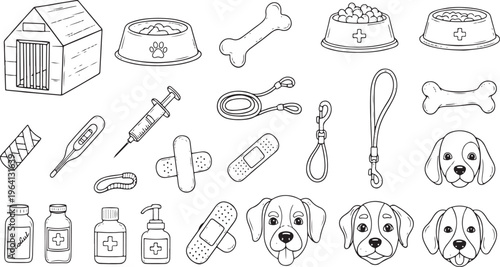 Pet Care and Health Icon Set with Dog, Food, Medicine, and Supplies for Veterinary, Pet Care, and Animal Wellness