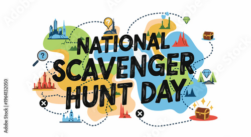 National Scavenger Hunt Day logo in colorful playful illustration with various landmarks and icons in bright vibrant lighting for marketing materials