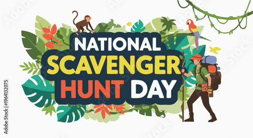 National Scavenger Hunt Day logo in colorful tropical jungle leaves with adventurous explorer for outdoor activities