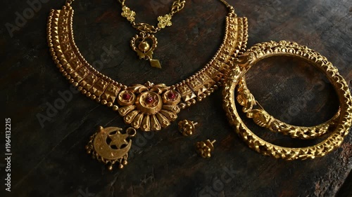 Gold prices in India are significant as an economic indicator and cultural cornerstone. As the largest consumer, the rising prices of old, vintage, expensive Indian-style gold jewelry. shiny necklace.