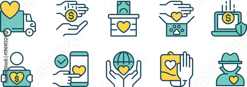 Illustrations depicting various aspects of charitable giving and support