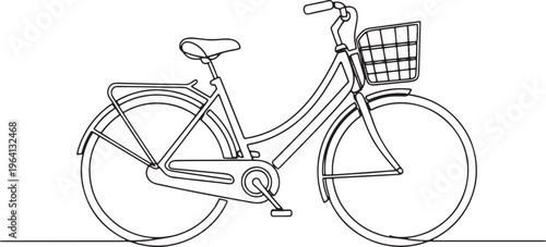 Elegant minimalist one line drawing of a classic bicycle featuring a front basket, representing sustainable travel and environmentally conscious urban lifestyle choices