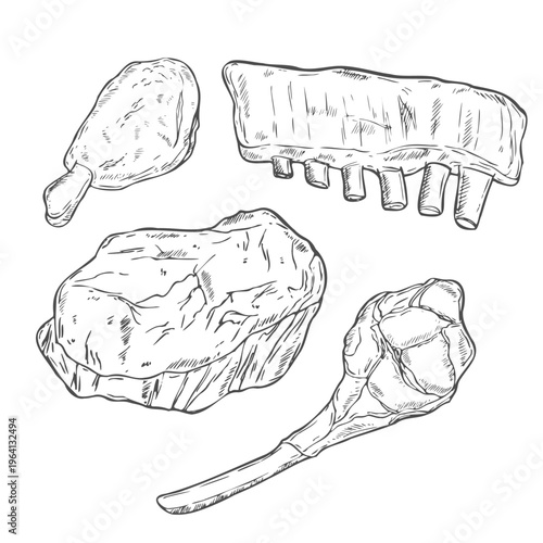 Hand-drawn vector illustration set of various meat products, including raw steak, bacon strips, sausages, sliced ham, and blocks of meat. Perfect for butcher shops, deli menus, or any food-related.