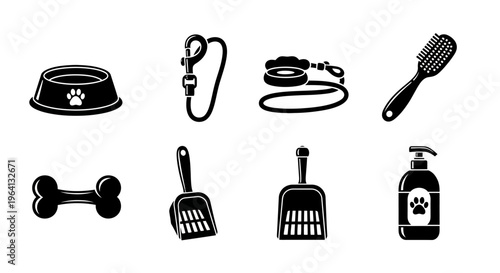 Pet Care Essentials Collection: Dog Bone, Food Bowl, Leash, Grooming Brush, Poop Scooper, Shampoo