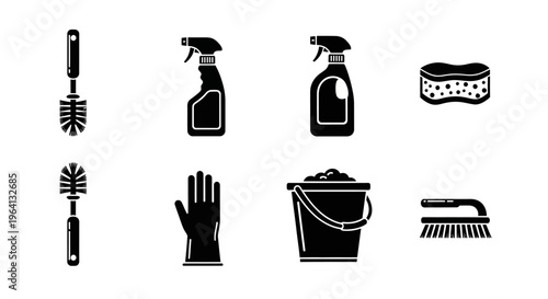 Cleaning Supplies Icons: Toilet Brush, Spray Bottles, Sponge, Gloves, Bucket, and Scrub Brush