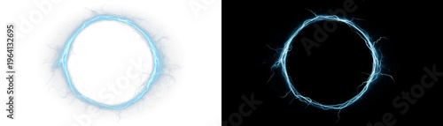 Bright glowing plasma halo ring with lightning bolts and electric sparks, futuristic circular portal isolated on split background.